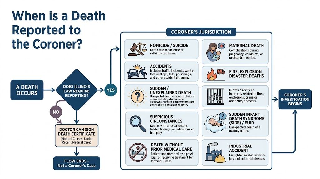 A flowchart explaining when a death in Illinois must be reported to the county coroner office.