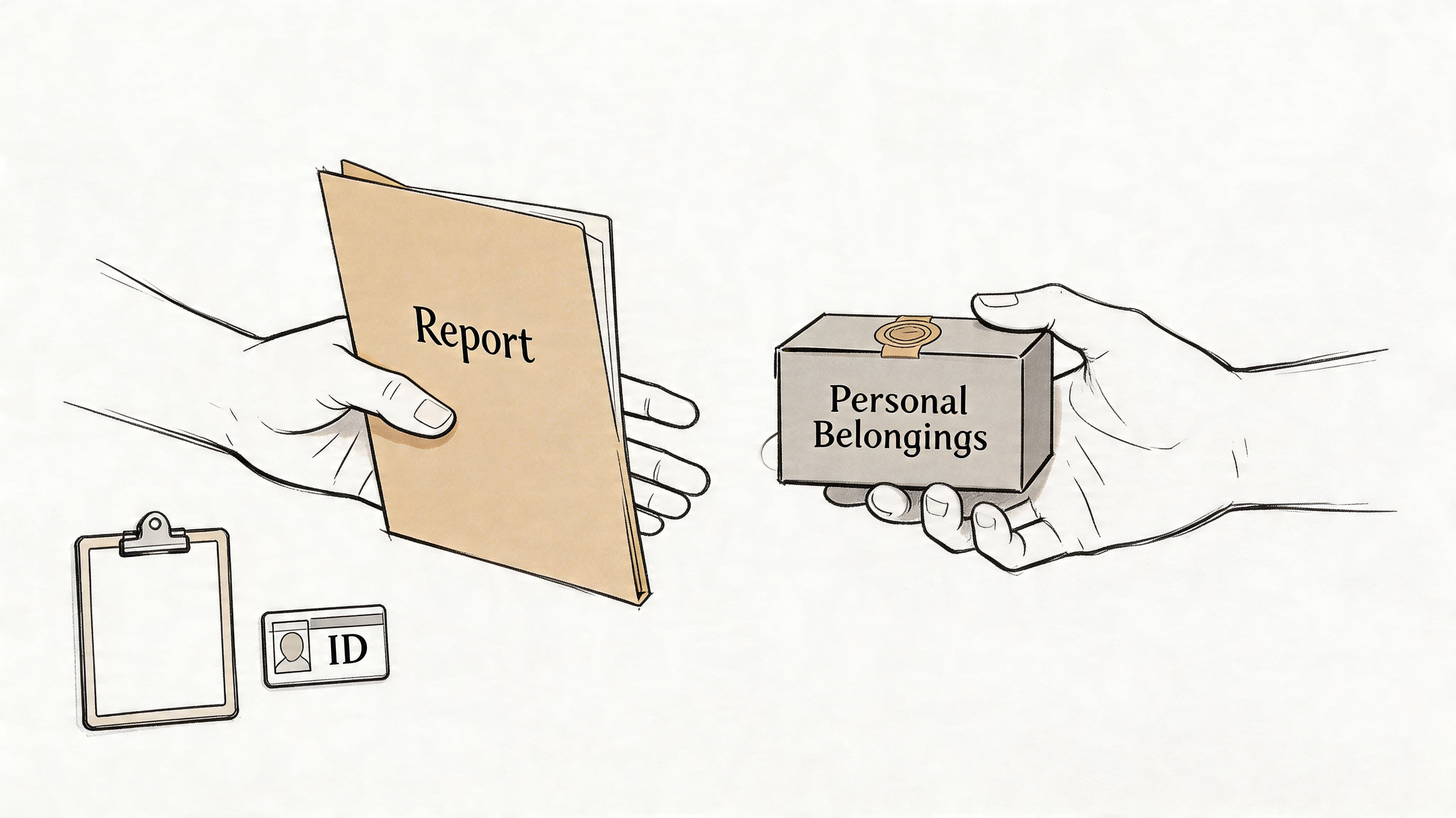 A hand exchanges a report for a box of personal belongings, including a clipboard and ID badge.