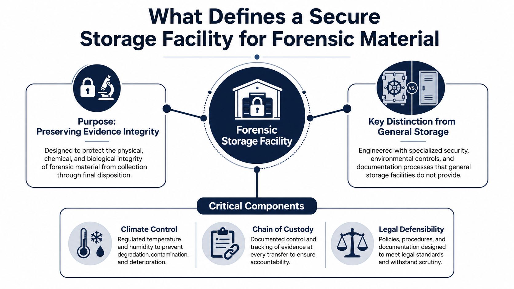 An infographic titled What Defines a Secure Storage Facility for Forensic Material outlining its purpose and components.
