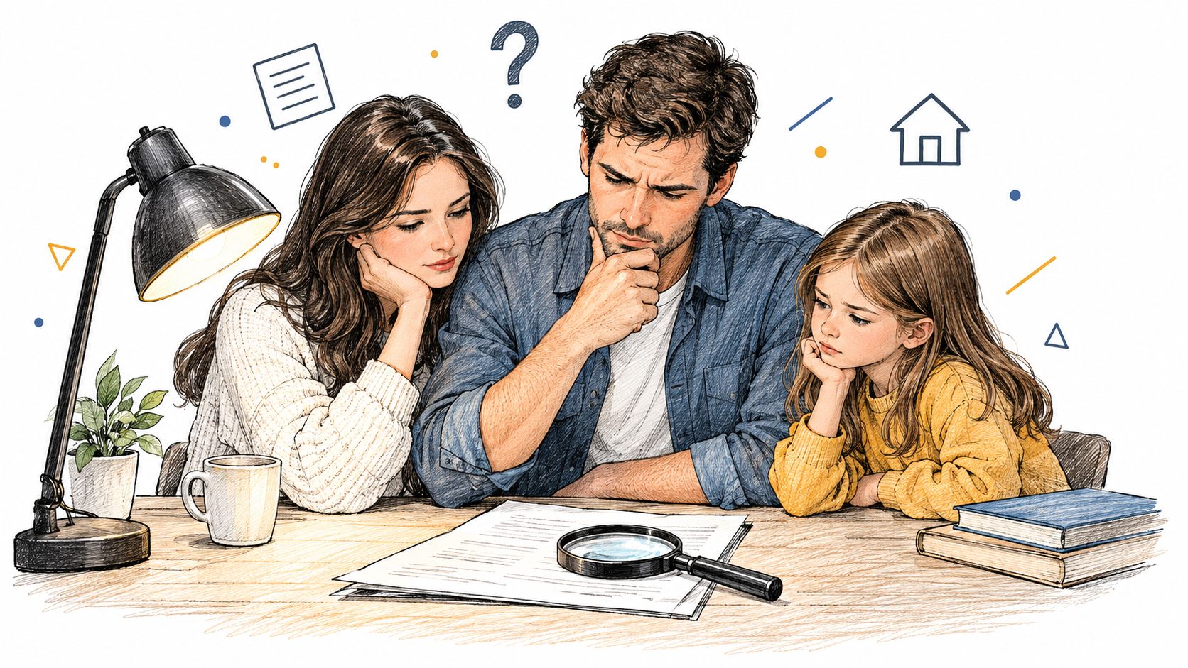 A family of three sitting at a table together while examining a document with a magnifying glass.