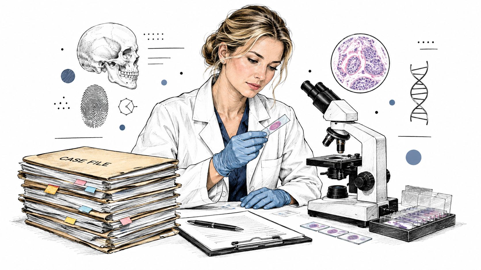 A forensic pathologist in a lab coat examining a medical slide with a microscope and case files.