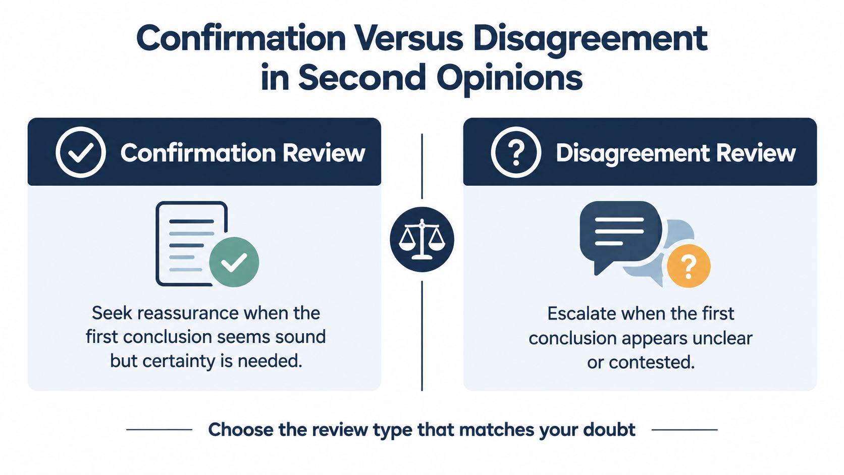 A comparison chart explaining when to choose either a confirmation review or a disagreement review process.
