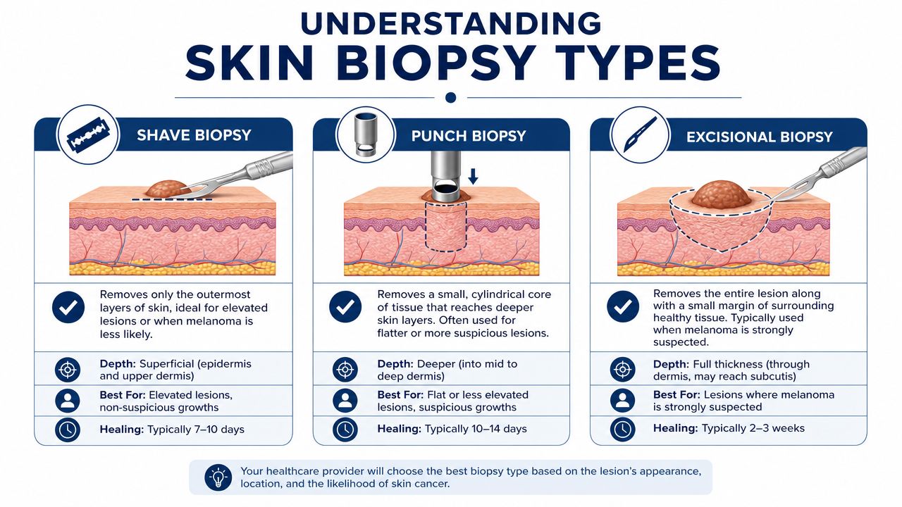 An infographic detailing the differences between shave, punch, and excisional skin biopsy procedures for cancer diagnosis.