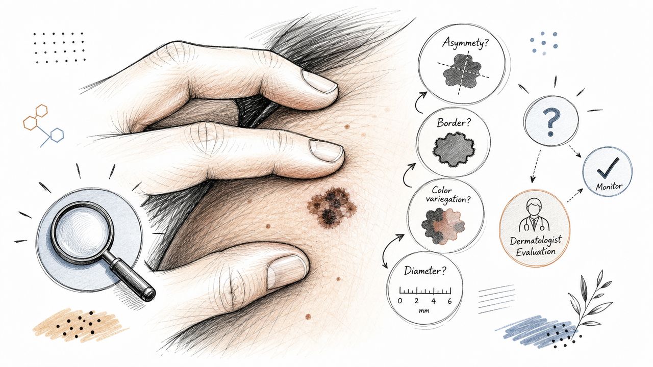 An illustration showing a hand examining a mole on skin using the ABCDE method for melanoma detection.