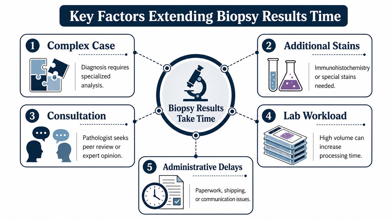 An infographic detailing five key factors that can cause delays in receiving medical biopsy results.
