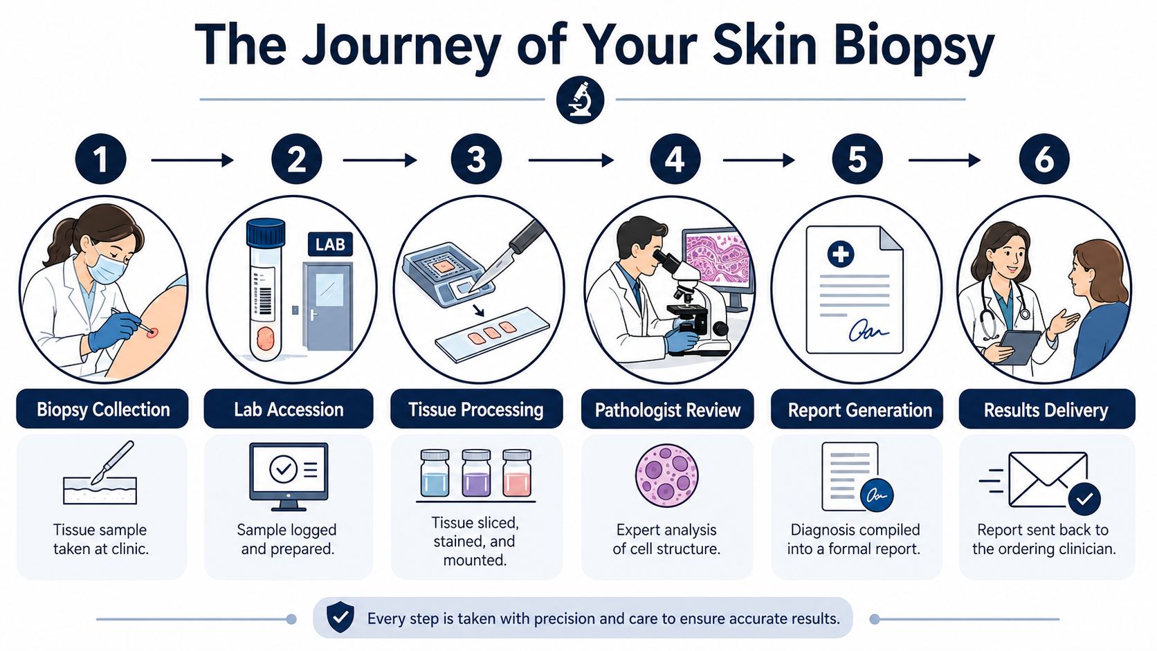 A diagram illustrating the six steps involved in the skin biopsy process from collection to results delivery.