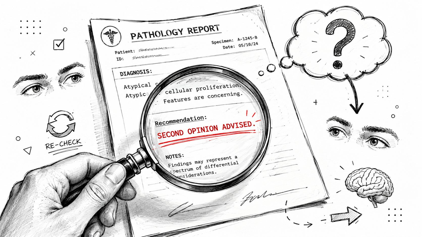 A magnifying glass inspecting a pathology report document recommending a second opinion for atypical cellular proliferation results.