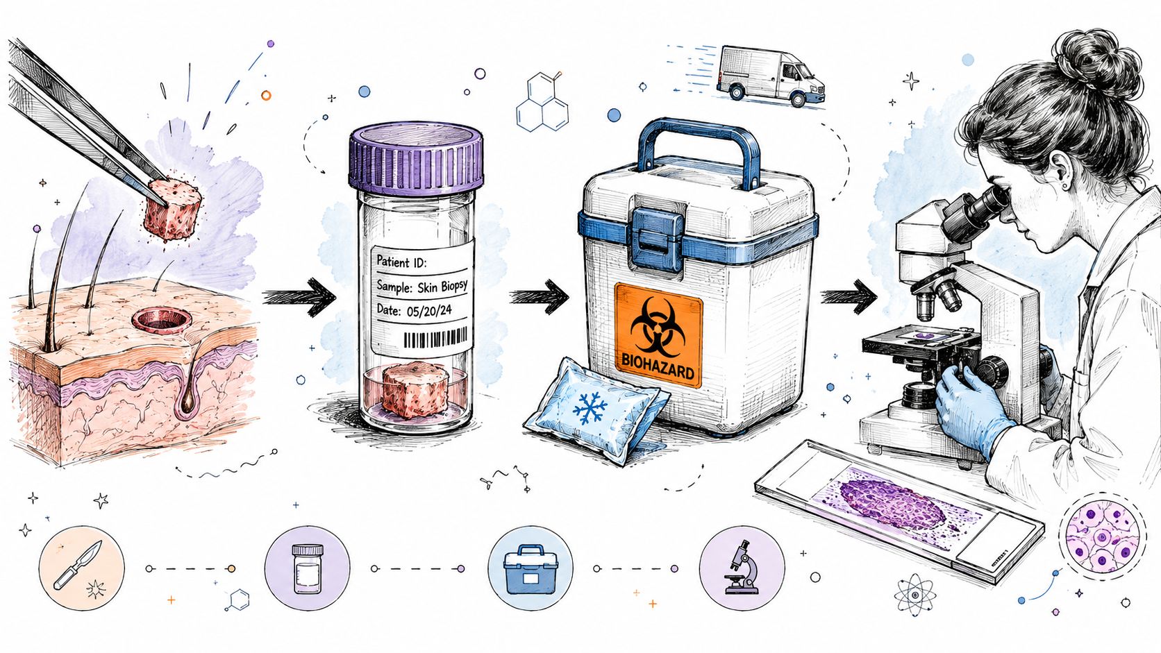 A diagram illustrating the medical process of taking a skin biopsy and analyzing the sample under a microscope.