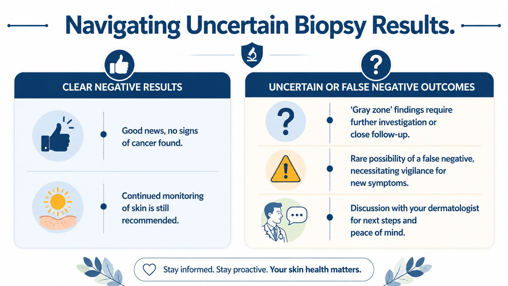 A medical infographic explaining how to interpret and respond to clear or uncertain skin cancer biopsy results.