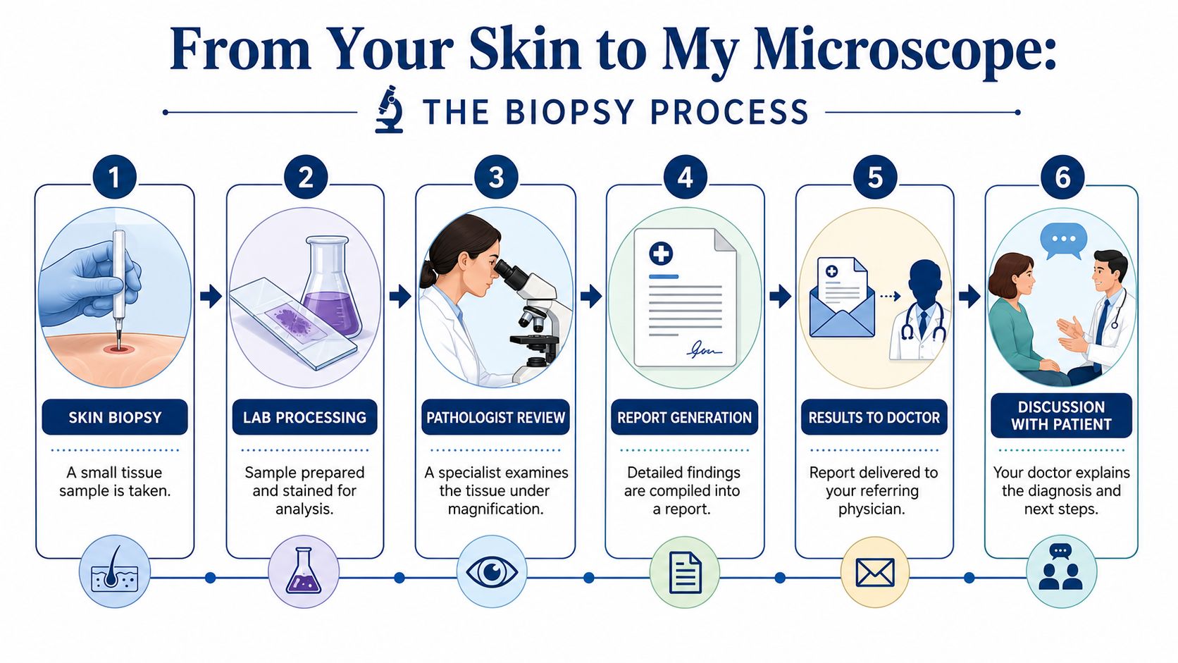 A six-step infographic illustrating the medical biopsy process from taking a skin sample to discussing diagnosis.