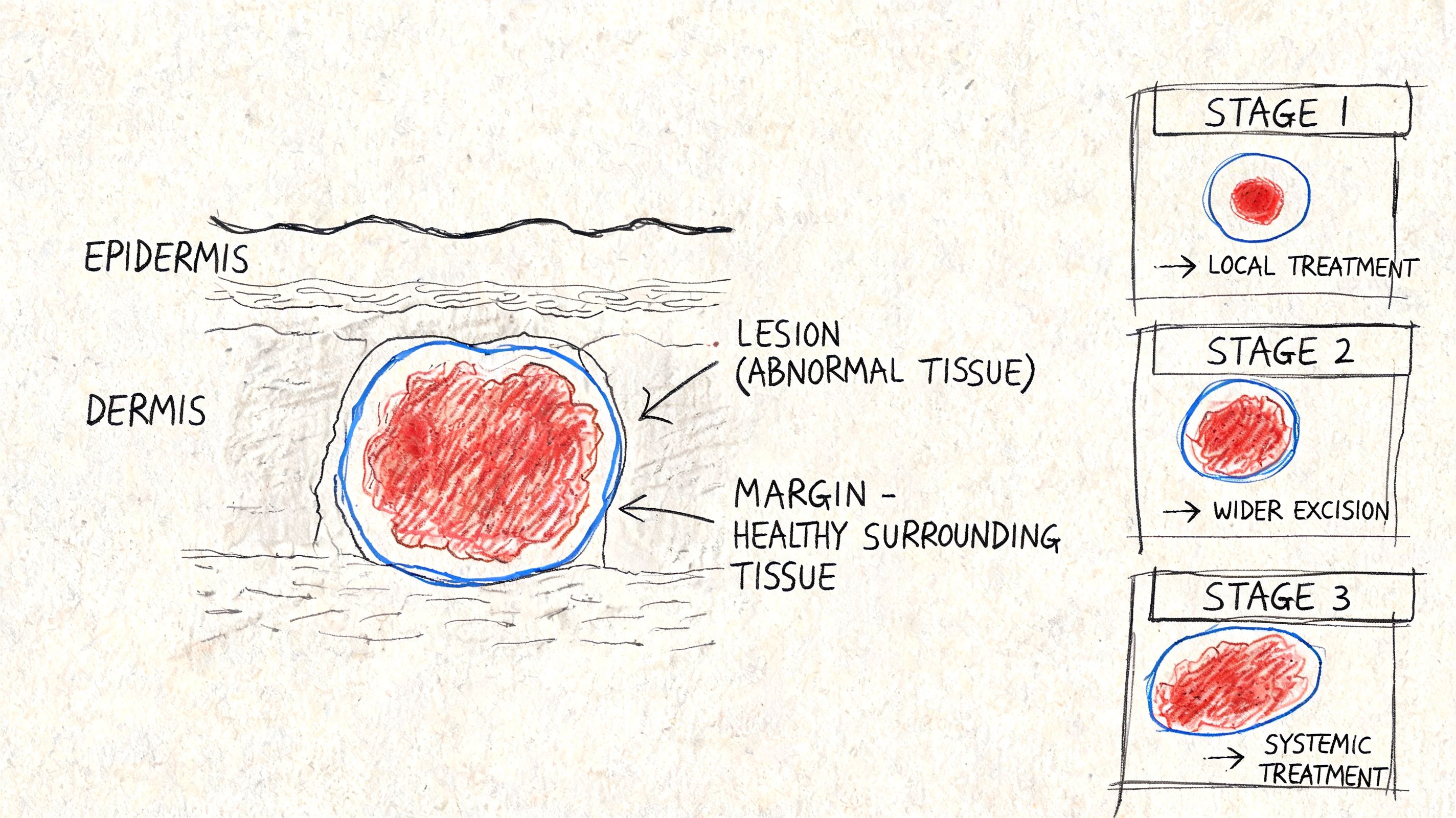A diagram illustrating skin layers, a lesion with margins, and three stages of medical treatment.