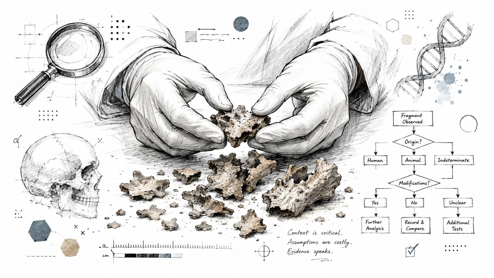 A scientist wearing gloves examines fragmented bone samples, utilizing an analytical flowchart and forensic tools for identification.