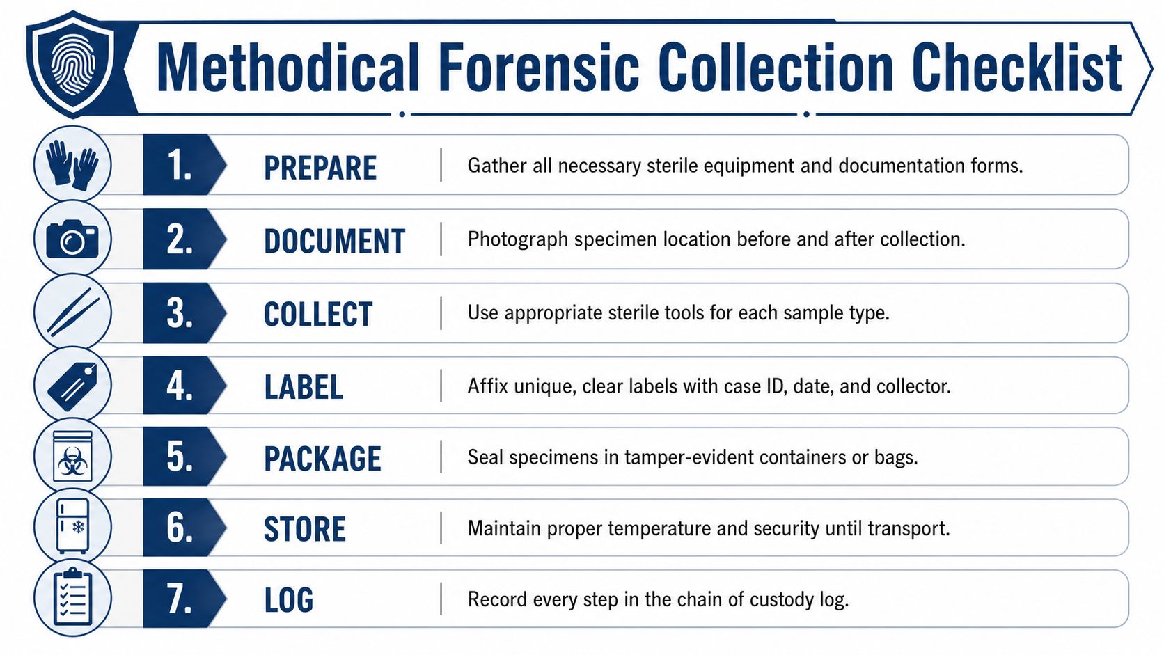 A seven-step checklist graphic outlining the proper methodical procedures for forensic specimen collection and evidence handling.