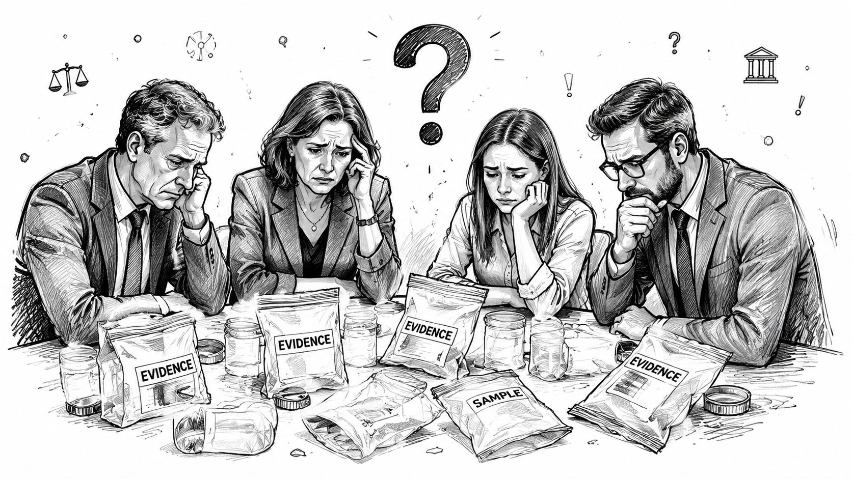 A group of professionals looking concerned while examining various evidence bags and samples at a table.