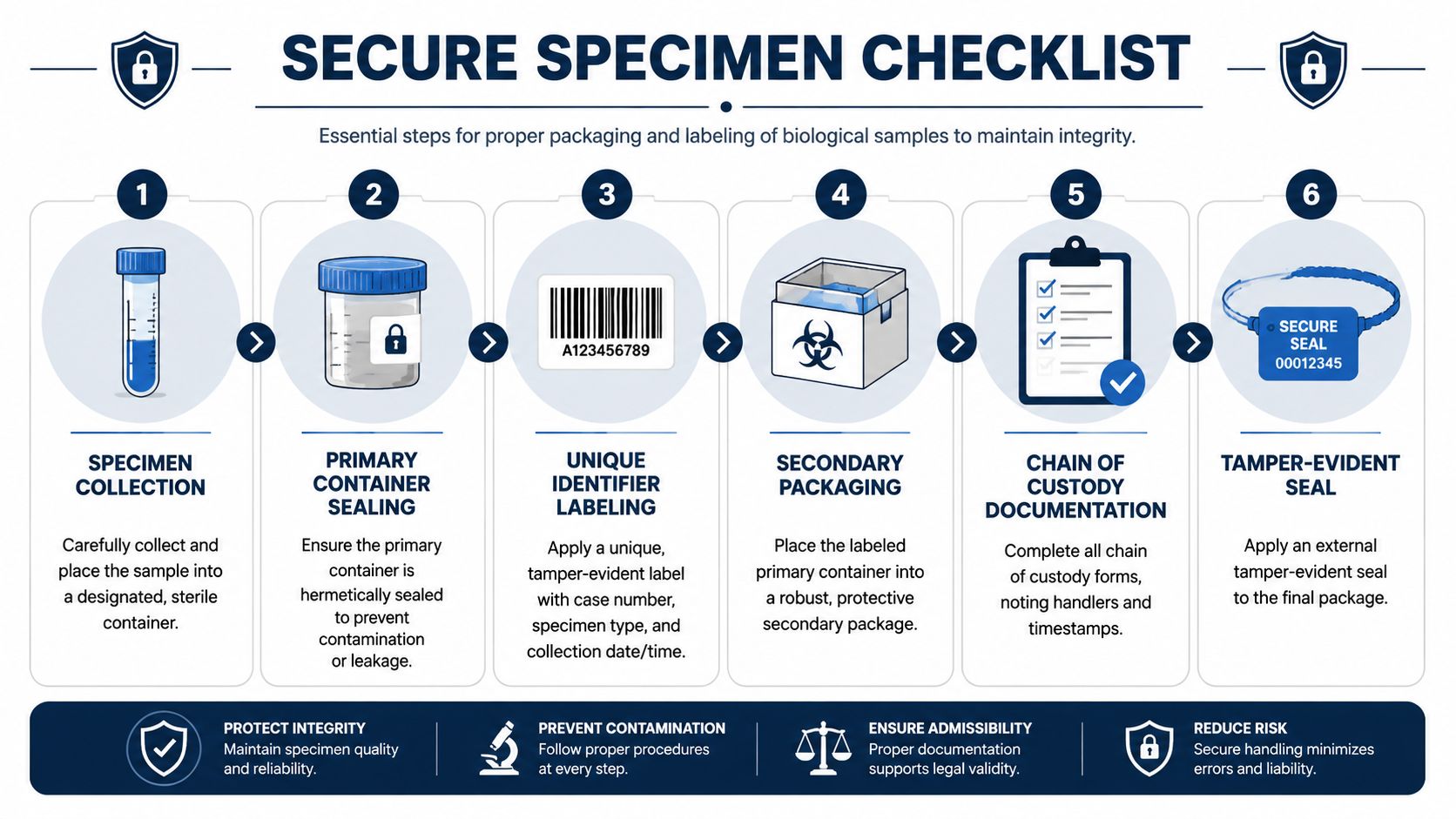 A six-step infographic detailing the secure specimen checklist process for biological samples, from collection to final sealing.