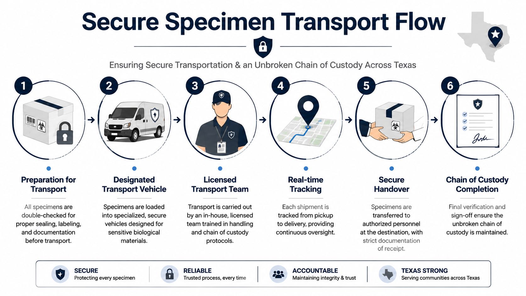 A six-step infographic detailing the secure transportation process and chain of custody for medical specimens in Texas.