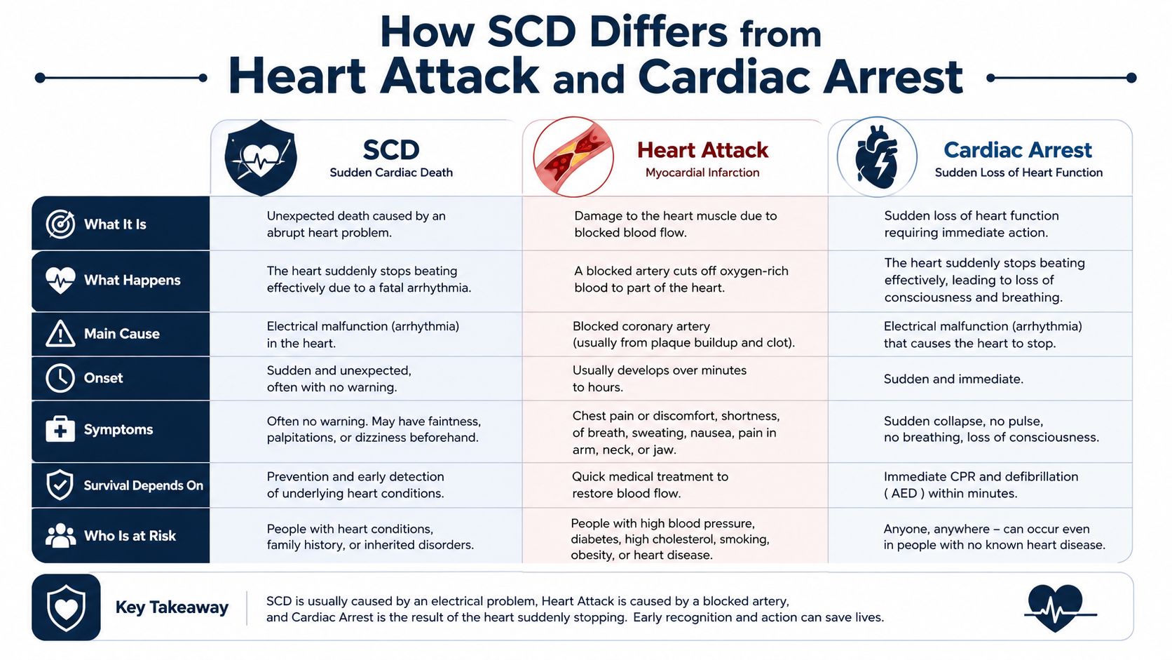 A comparative table outlining the key differences between sudden cardiac death, heart attack, and cardiac arrest.