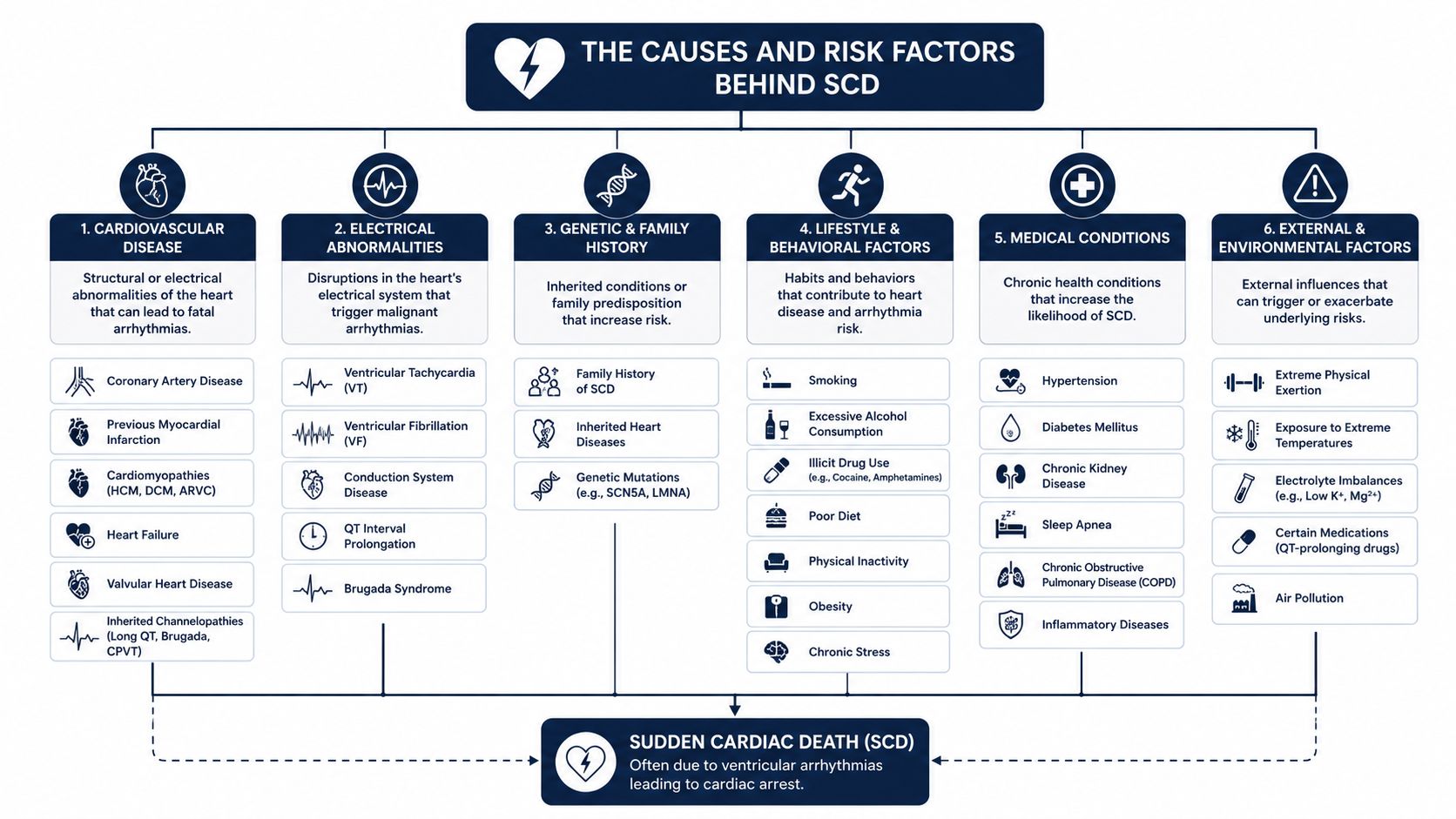 An infographic detailing the six primary categories of causes and risk factors behind sudden cardiac death.