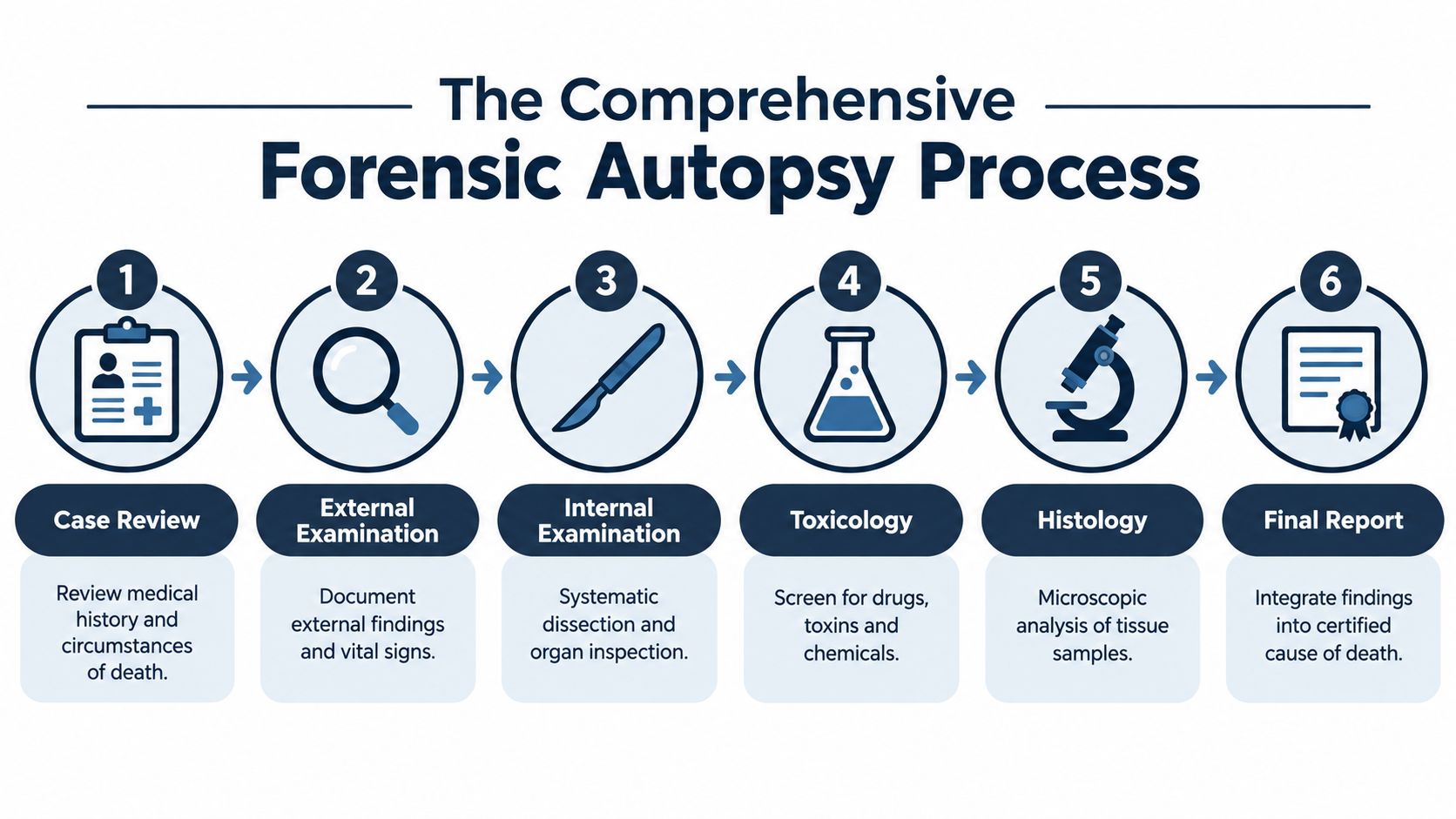A six-step infographic detailing the forensic autopsy process, from initial case review to the final report.