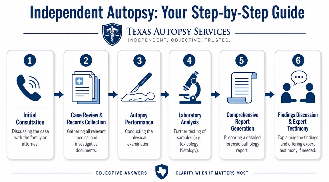 A six-step infographic detailing the process of an independent autopsy performed by Texas Autopsy Services.