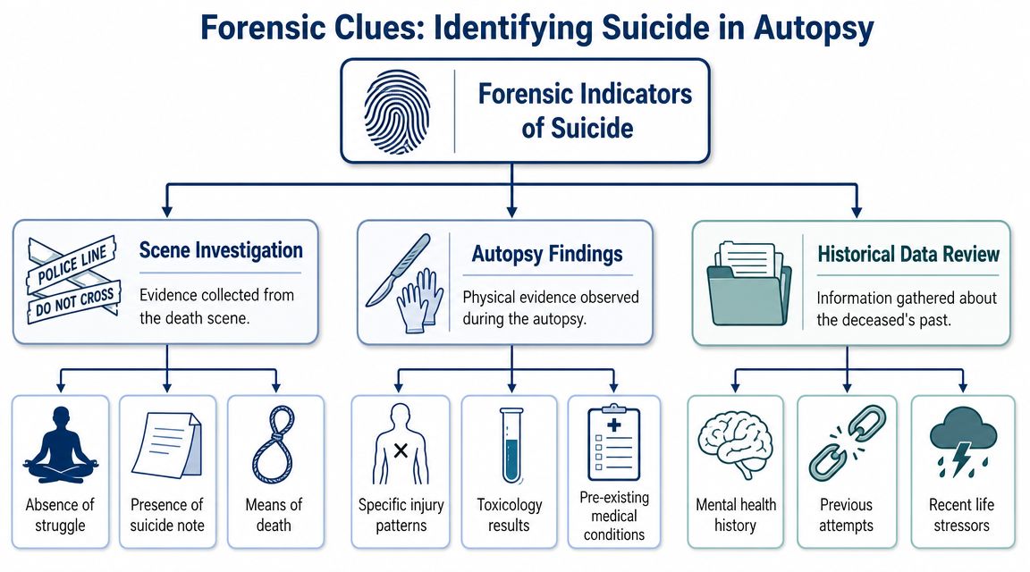 An infographic showing the forensic indicators used to identify suicide during a death investigation and autopsy.
