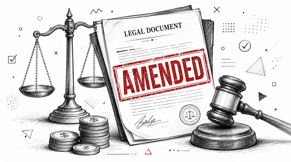 A legal document stamped as amended sits next to a balance scale, a gavel, and dollar coins.