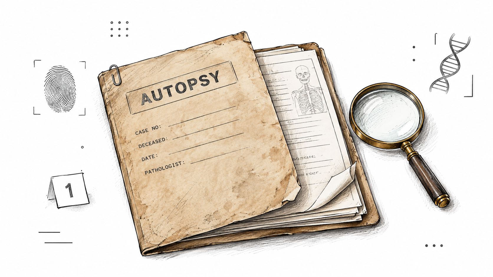 An old autopsy folder with a magnifying glass and forensic evidence markers on a white background.