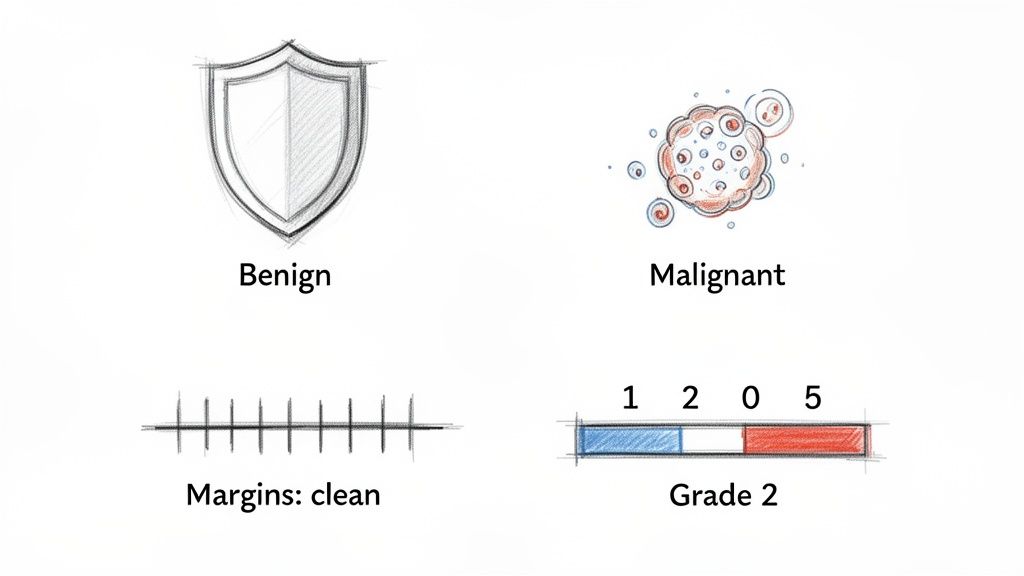 Medical illustrations depicting benign versus malignant, clean surgical margins, and tumor grade 2.