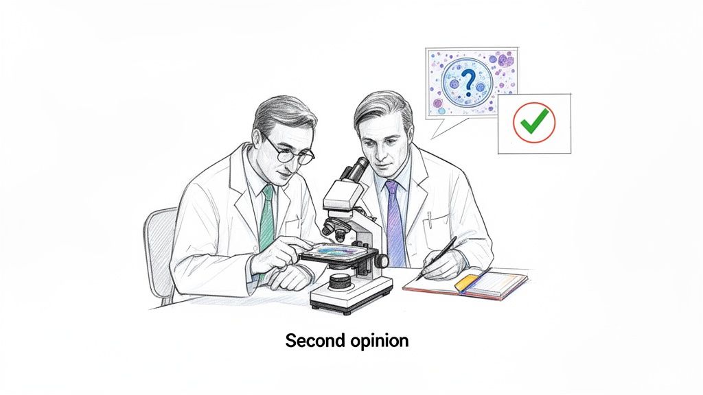 Two doctors in lab coats examining a slide under a microscope, discussing results and seeking a second opinion.