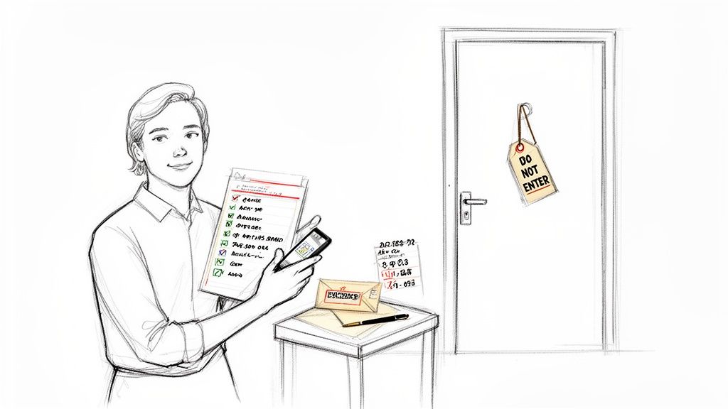 A smiling person holds a checklist and phone, with an 'EVIDENCE' envelope and 'DO NOT ENTER' sign nearby.