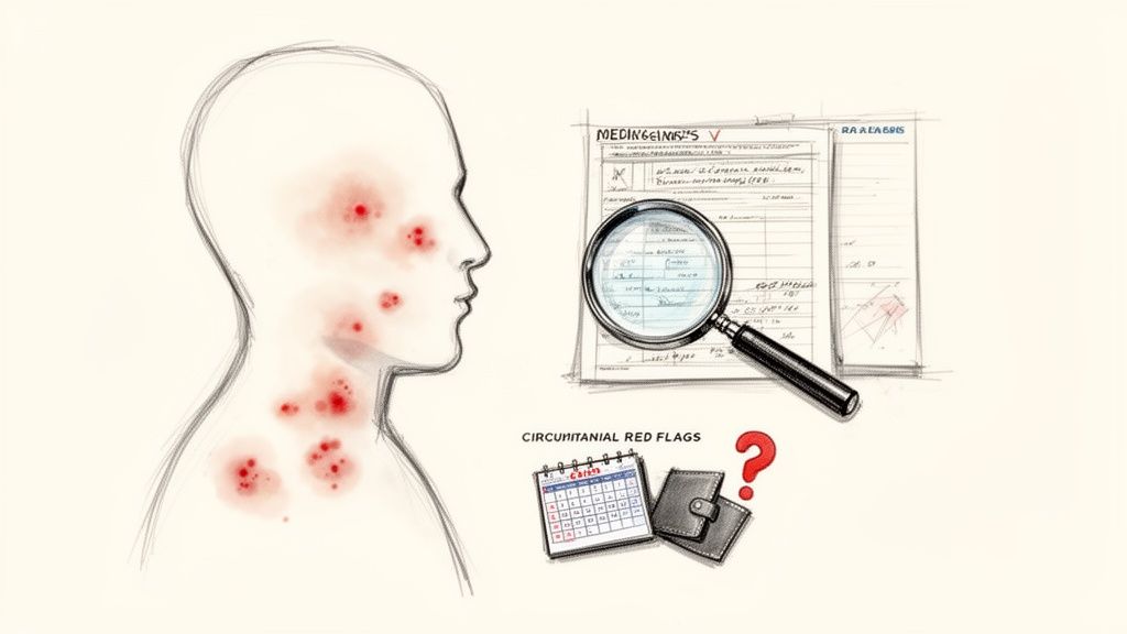 Illustration of a person with skin rash, medical records, magnifying glass, and 'red flags' for investigation.