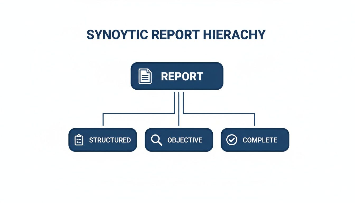 A diagram illustrating the synoptic report hierarchy, detailing structured, objective, and complete report components.