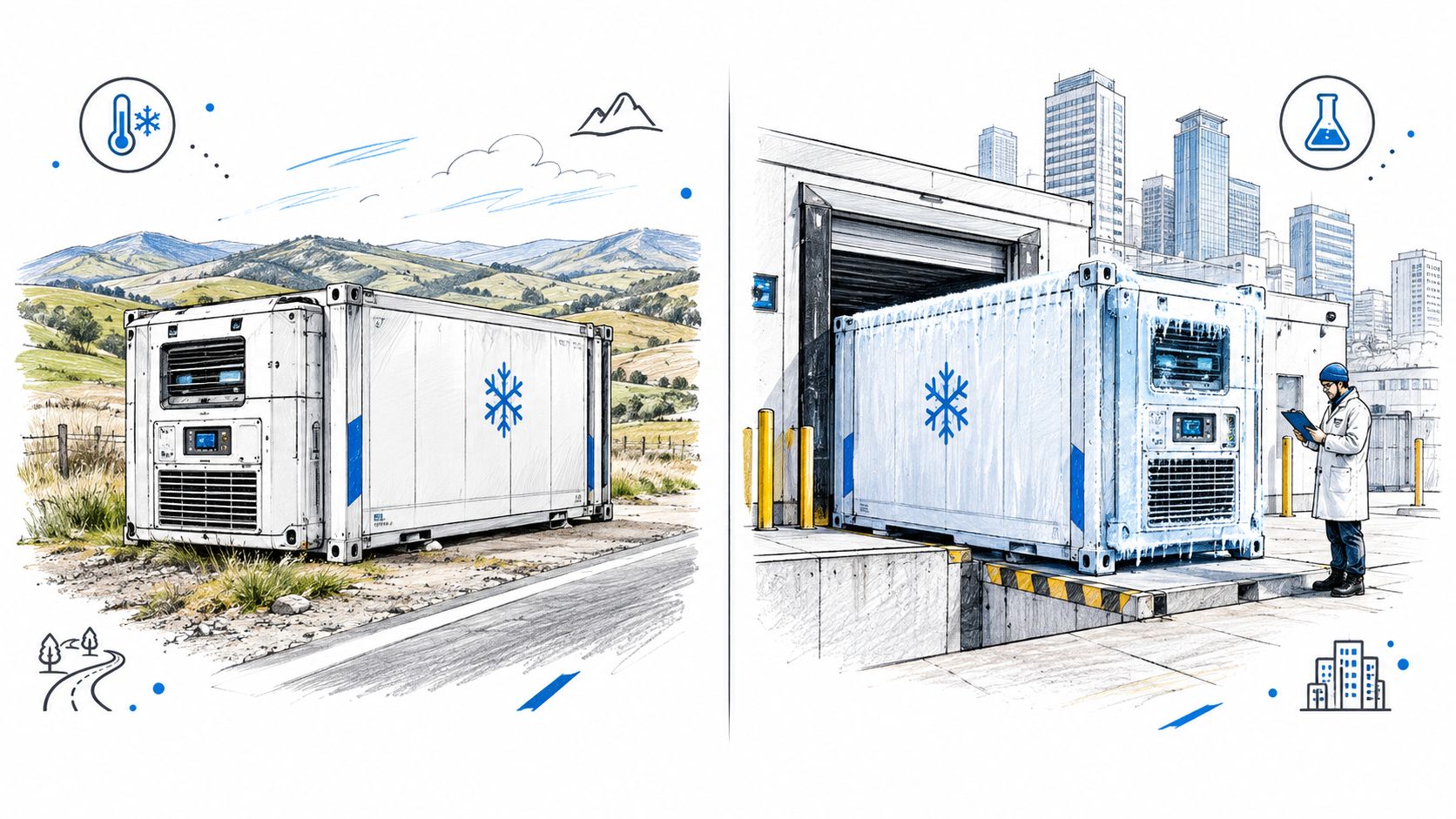 A split image showing a refrigerated shipping container in a rural landscape and a city warehouse setting.
