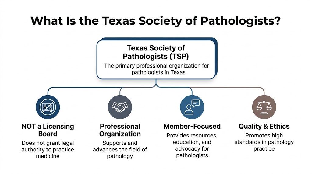 An infographic explaining that the Texas Society of Pathologists is a professional organization, not a licensing board.