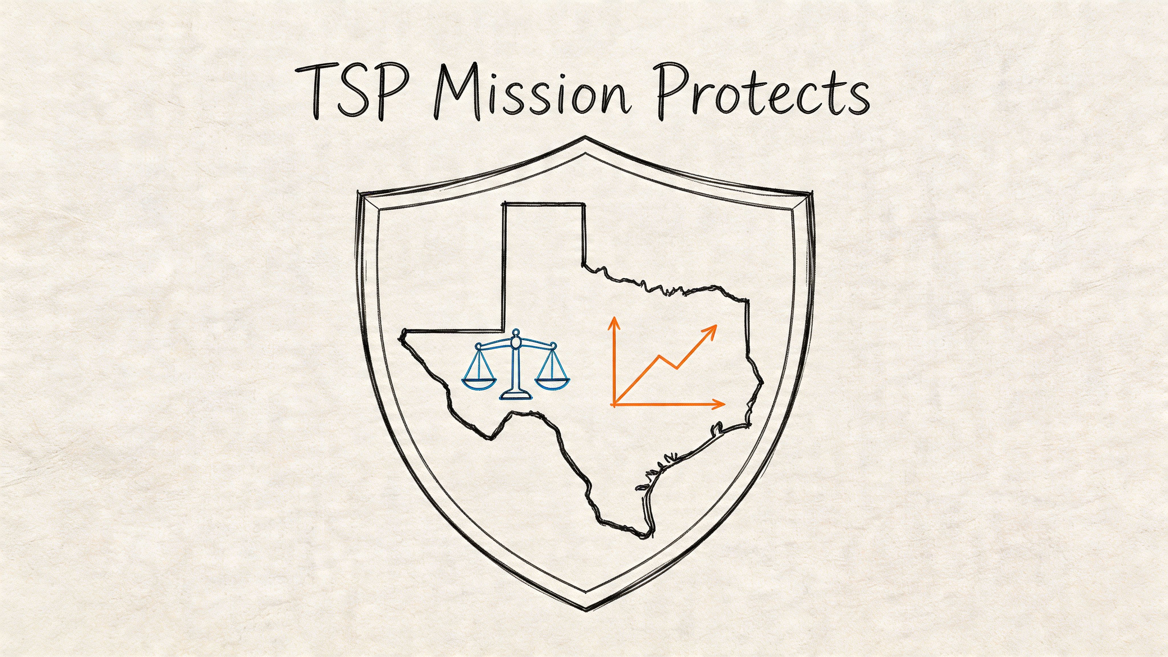 A hand-drawn shield icon containing a map of Texas with scales of justice and a growth chart.