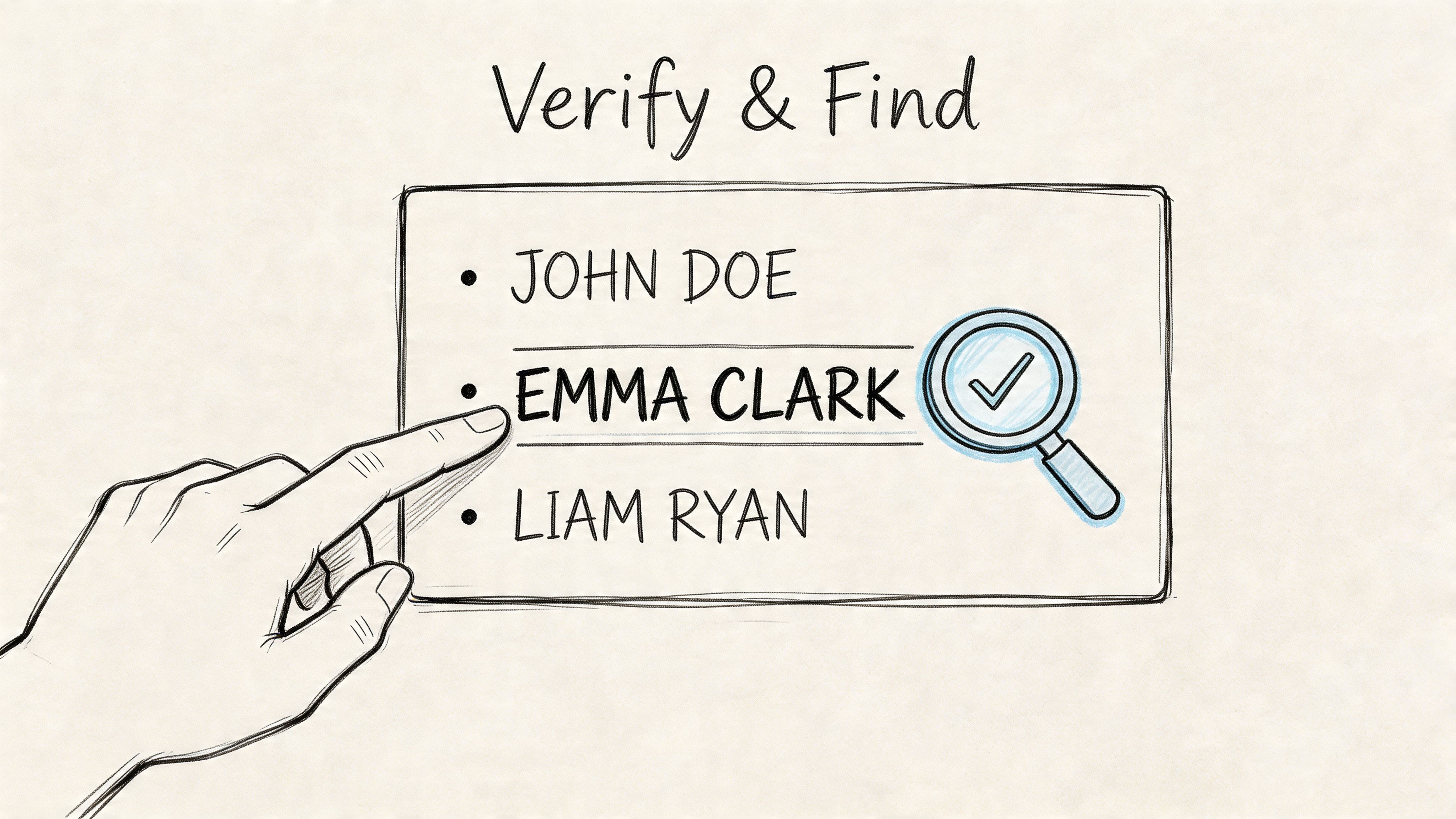 A hand pointing at the name Emma Clark on a list next to a magnifying glass icon.