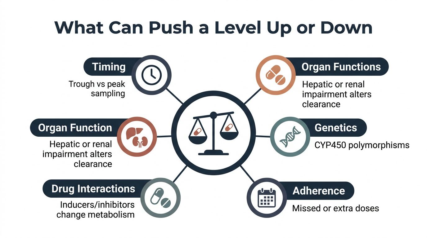 An infographic detailing factors that influence therapeutic drug levels, such as timing, organ function, genetics, and interactions.