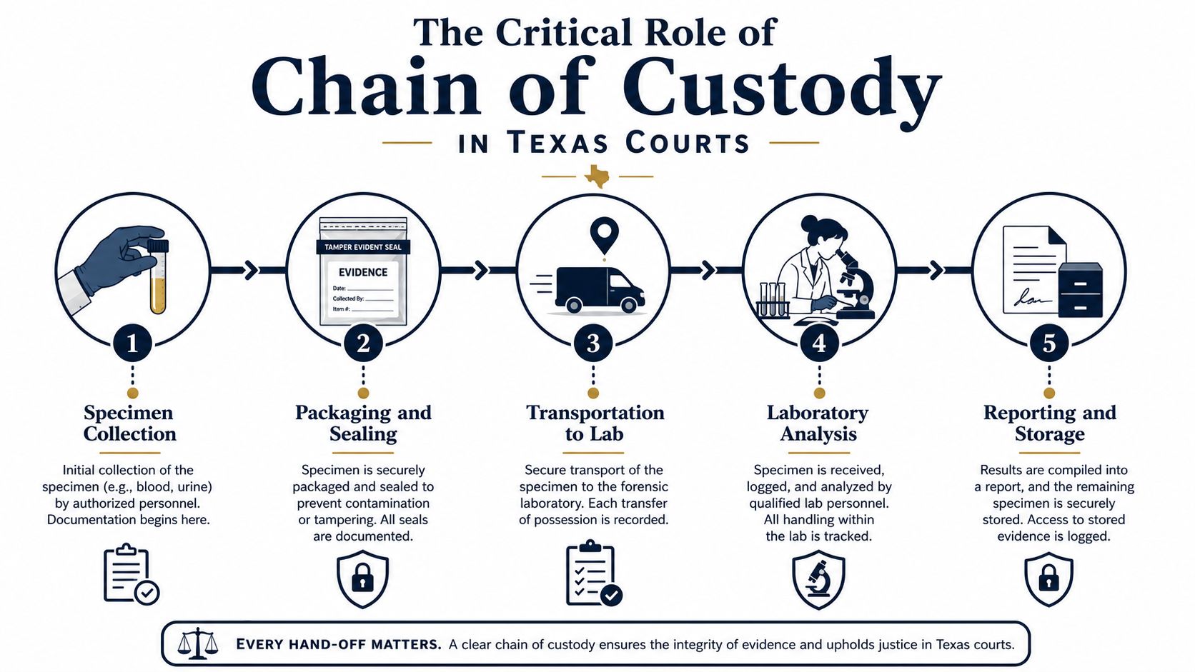 A flowchart showing the five critical steps of the chain of custody process for forensic evidence in Texas.