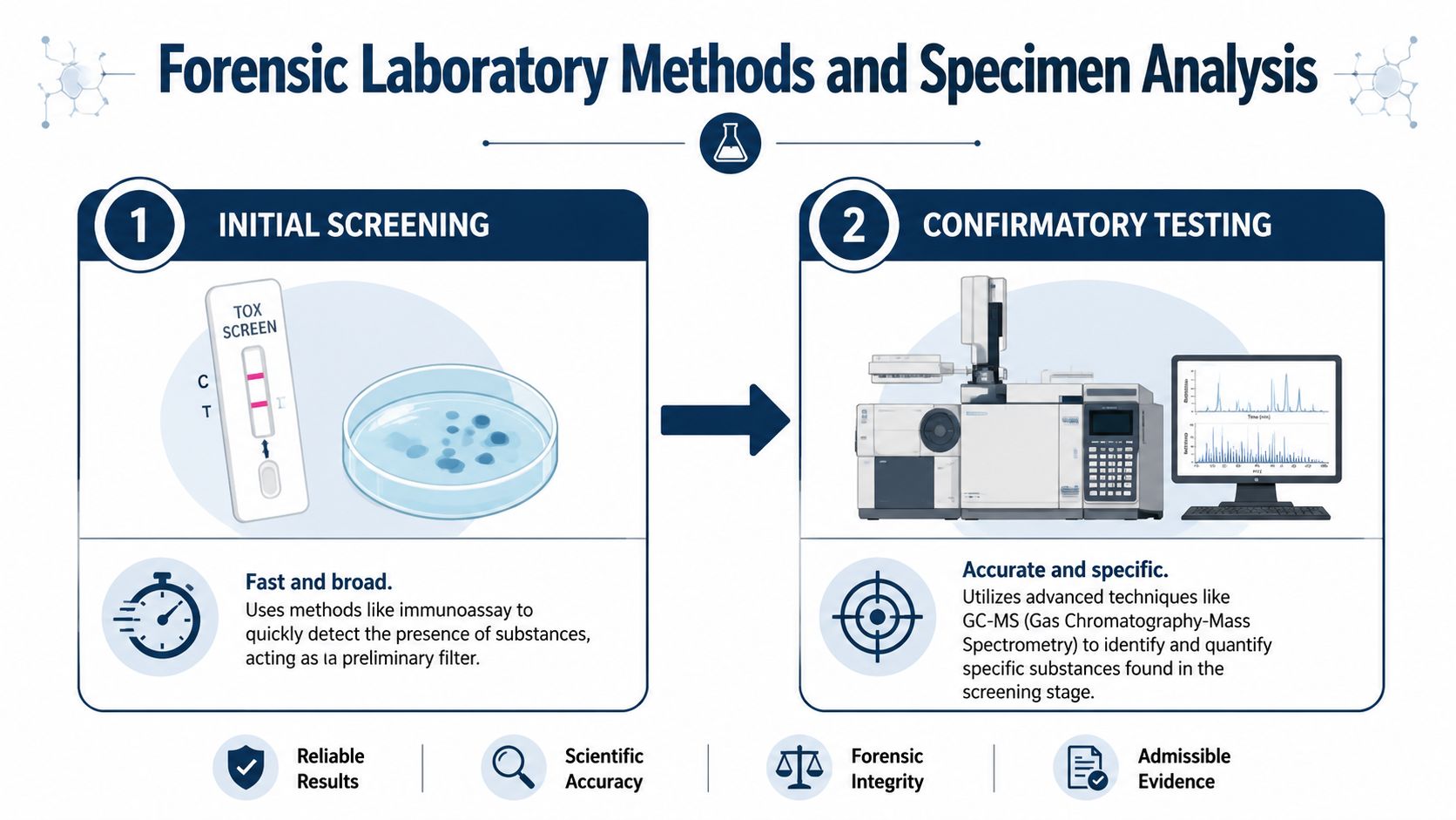 A diagram outlining the two-step forensic laboratory process for identifying substances: initial screening followed by confirmatory testing.