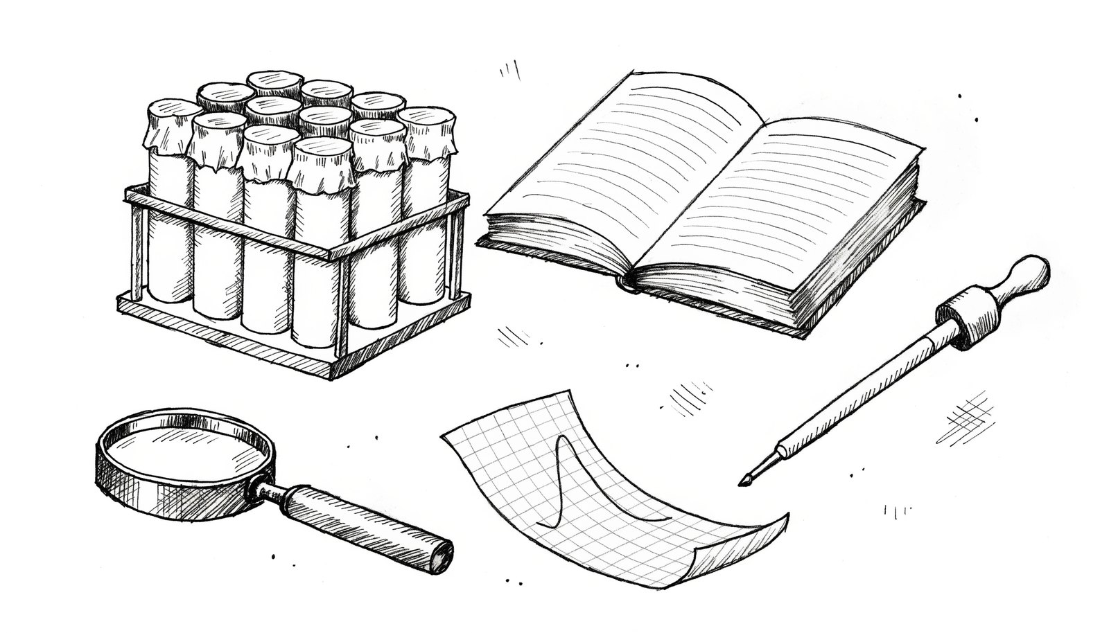 A specimen tube rack, an opened report and a chromatography curve on grid paper, representing a toxicology report