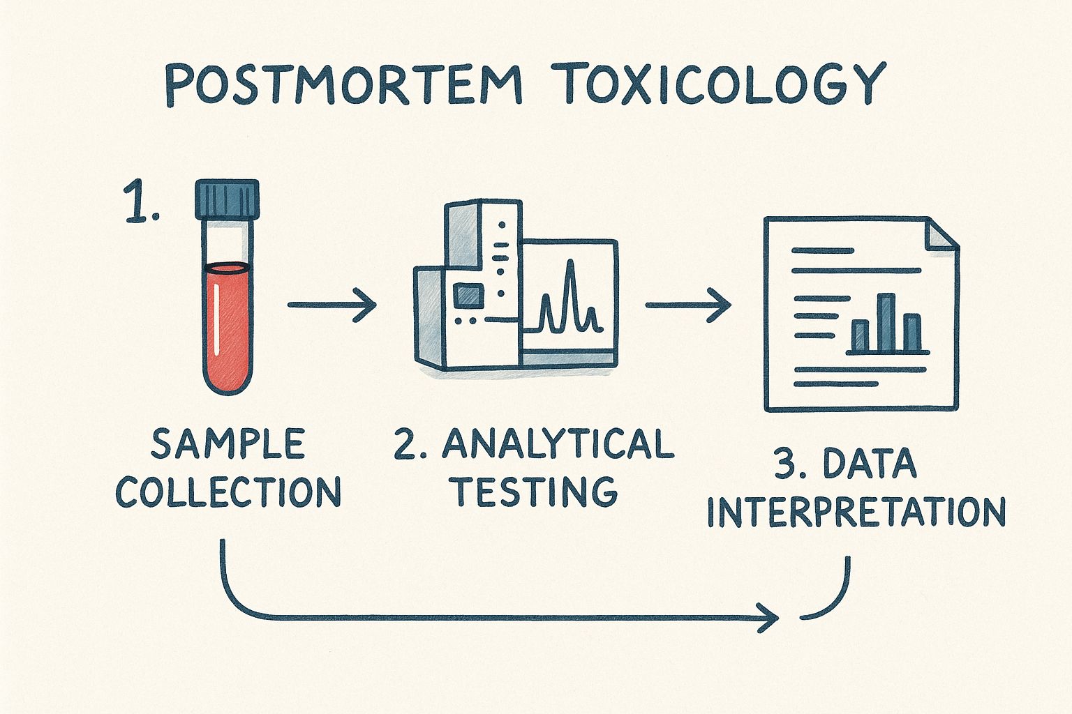 Infographic showing the three-step process of postmortem toxicology: Sample Collection, Analytical Testing, and Data Interpretation.