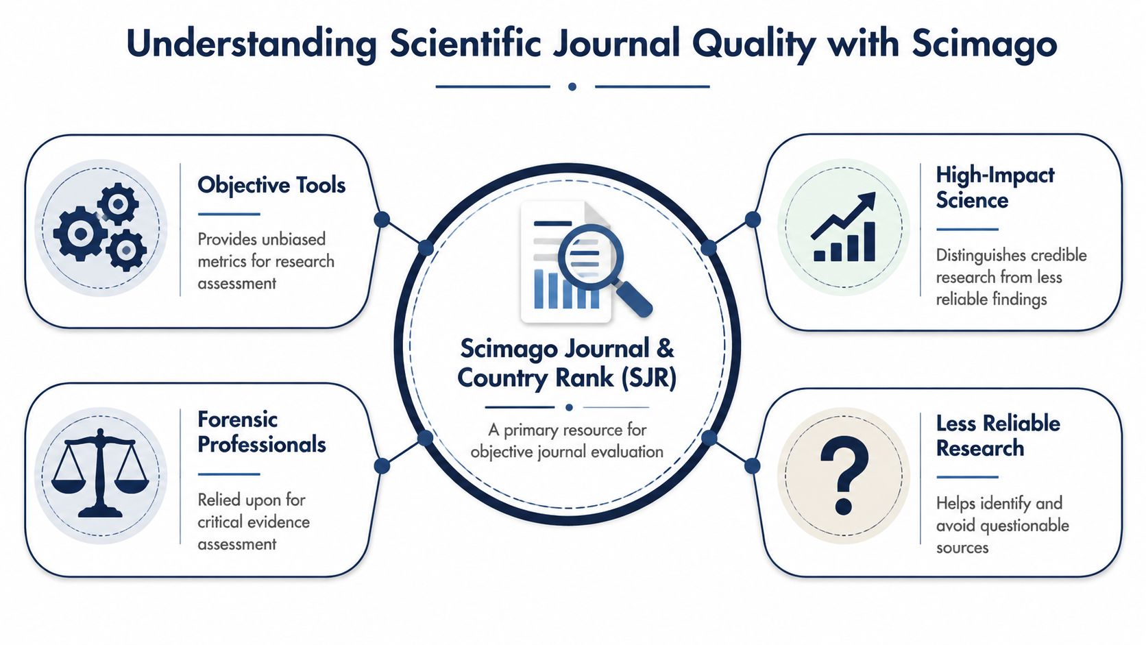An infographic titled Understanding Scientific Journal Quality with Scimago, highlighting its role in objective journal assessment.