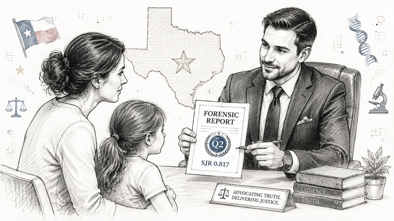 A professional lawyer explaining a forensic report to a mother and daughter in a law office.