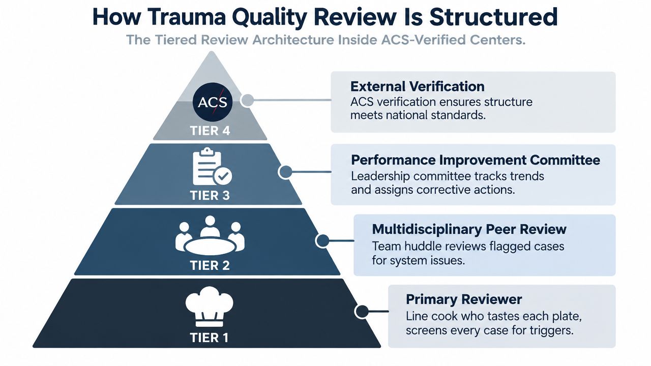 A pyramid diagram showing the tiered structure of trauma quality reviews inside ACS-verified medical centers.