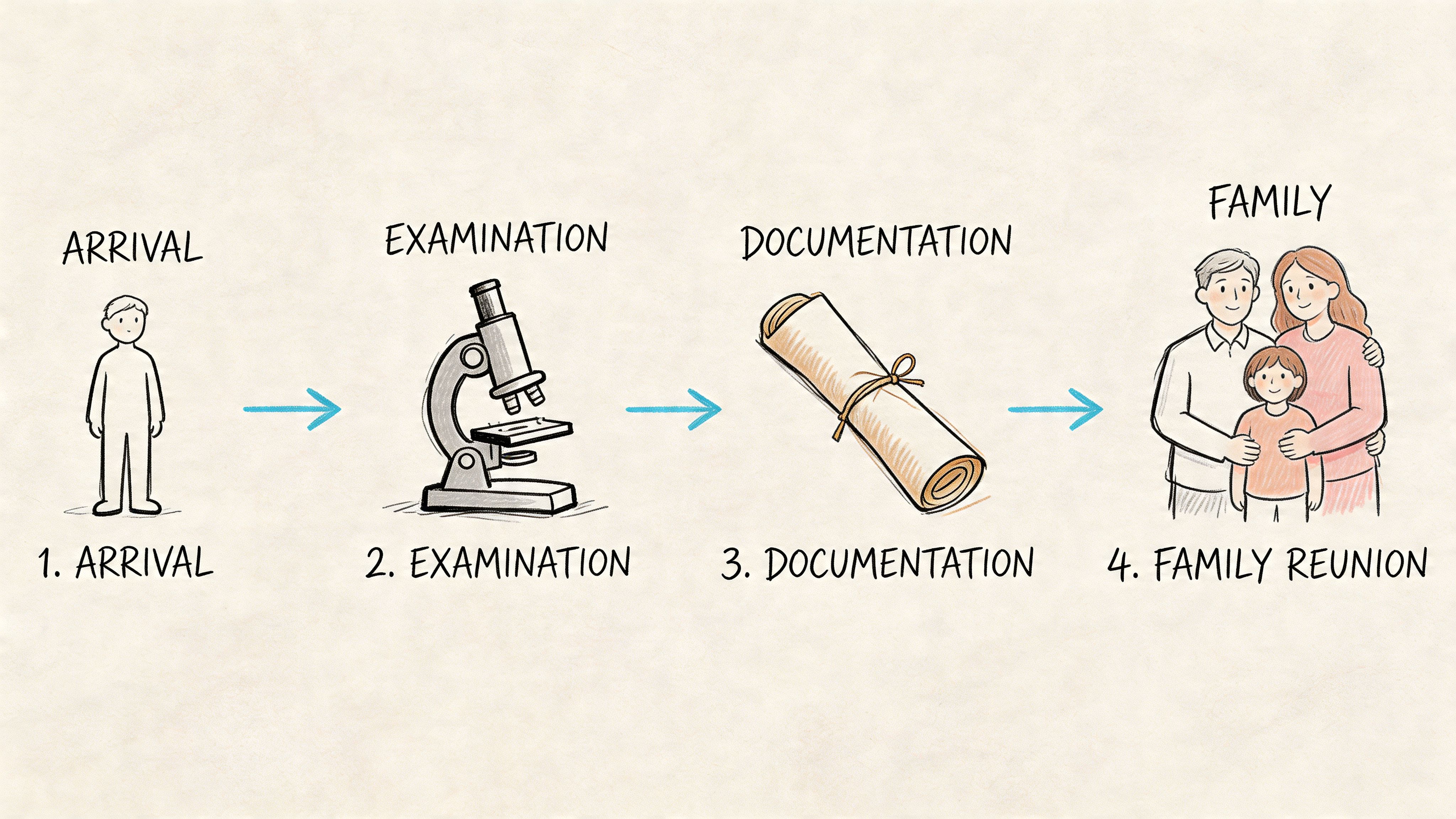 A four-step infographic showing the process from arrival and examination to documentation and final family reunion.