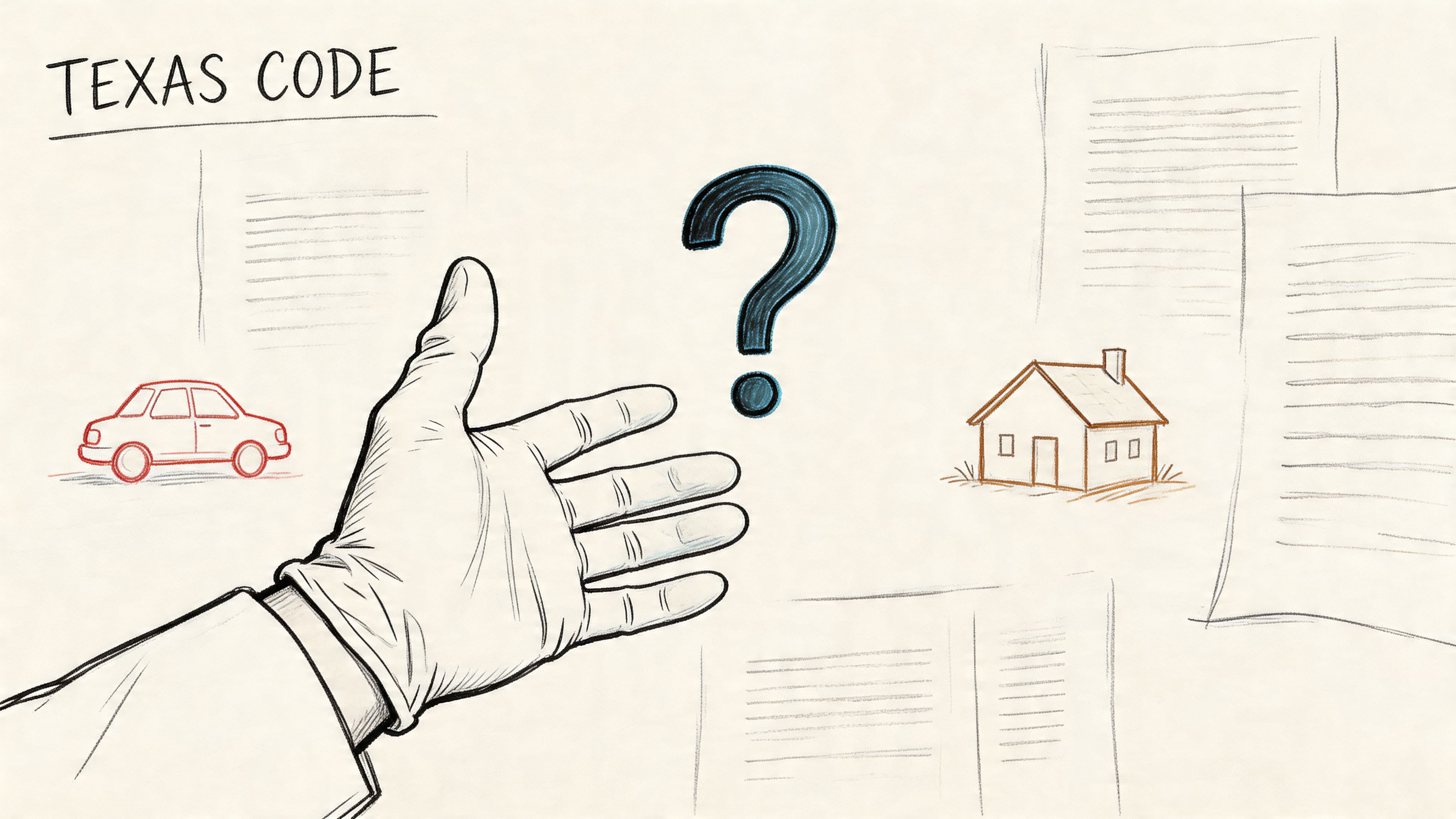 A gloved hand pointing towards a question mark, surrounded by legal documents, a car, and a house.