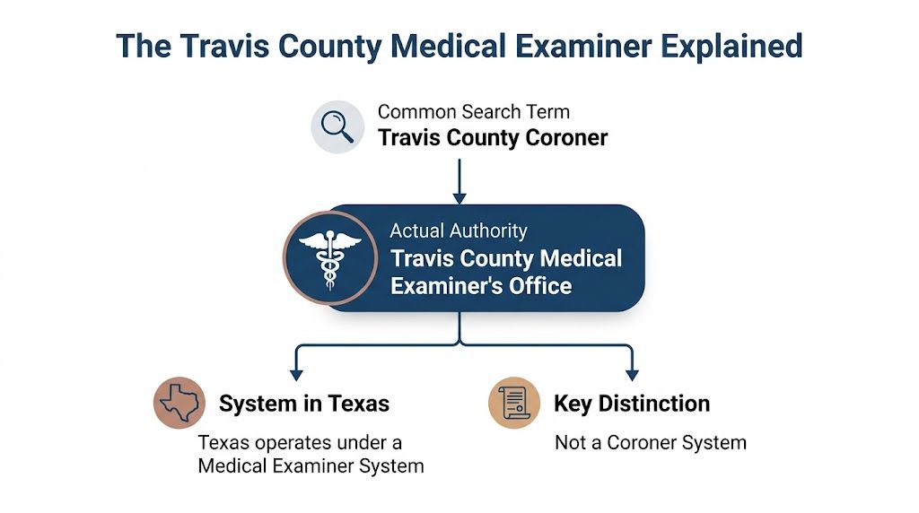 A diagram explaining that the Travis County Medical Examiner's Office is the correct authority, not a coroner.