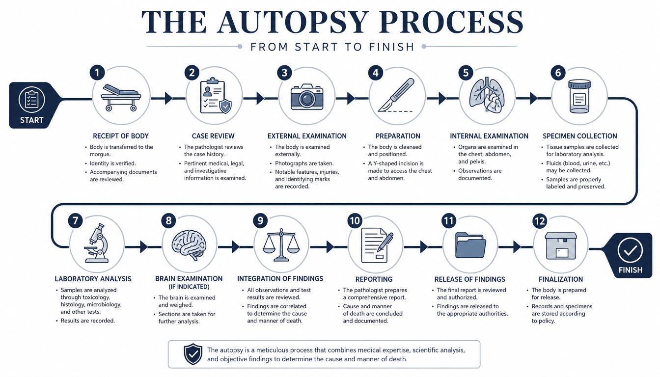 A detailed infographic illustrating the twelve steps of the autopsy process from receipt of the body to finalization.