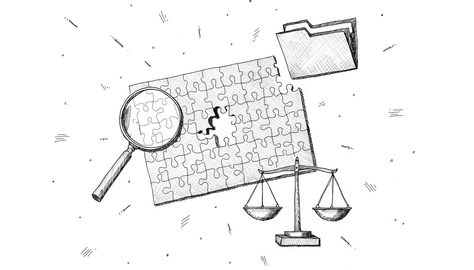 A jigsaw puzzle with one piece missing at the centre, a magnifier and a file folder, representing an undetermined cause of death