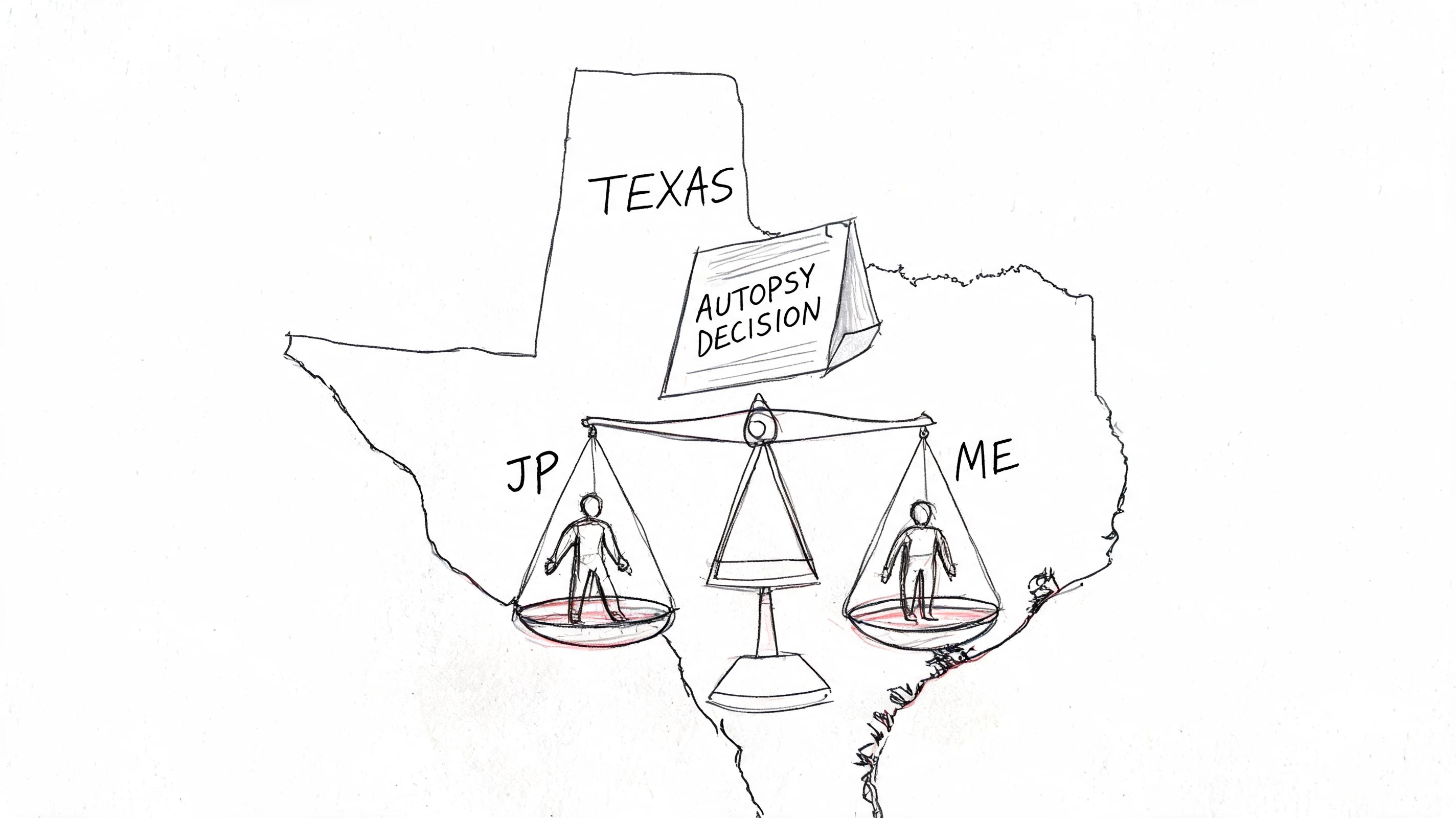A hand-drawn sketch of the Texas state map with a balance scale comparing a JP and ME.